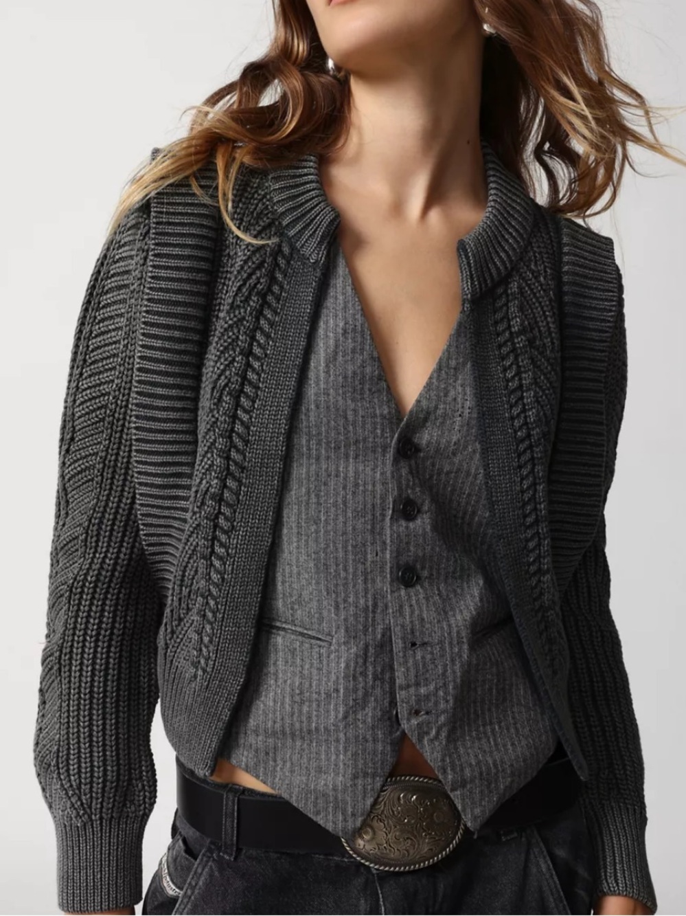 Urban Outfitters Isaac Cable Knit Cropped Cardigan Size L Grunge Western